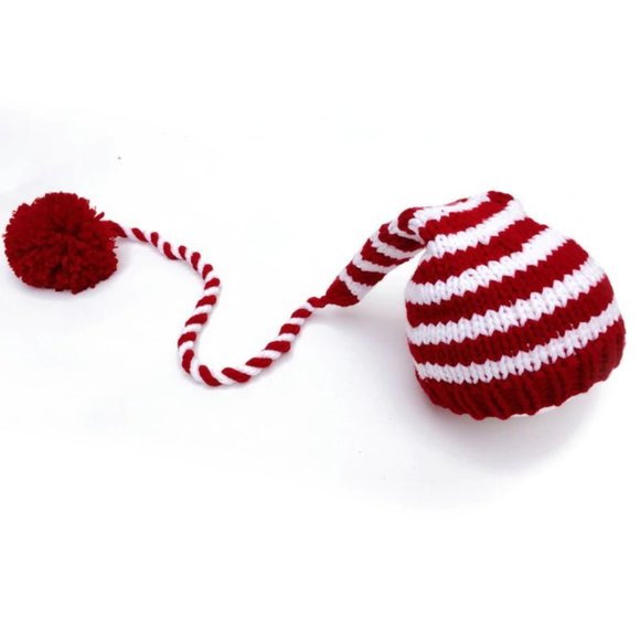 Infant Red/White Candy Cane Stripes with Long-Knot Beanie/Hat Newborns - Picture 2 of 4